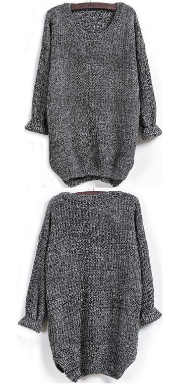 Knitted Crew Neck Long Sleeves Irregular Hem Sweater