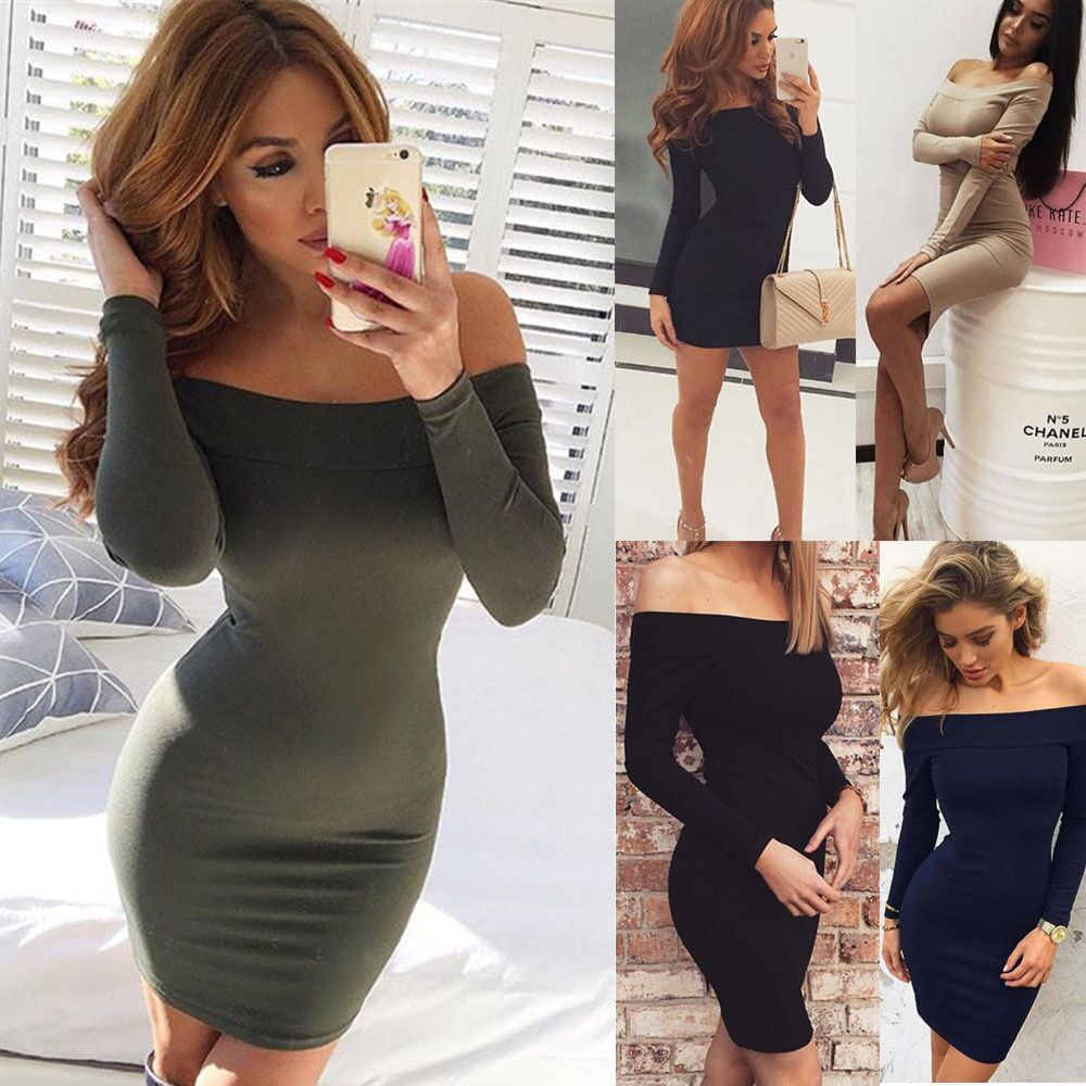 Sexy Off Shoulder Short Pure Color Long Sleeve Bodycon Dress on Luulla