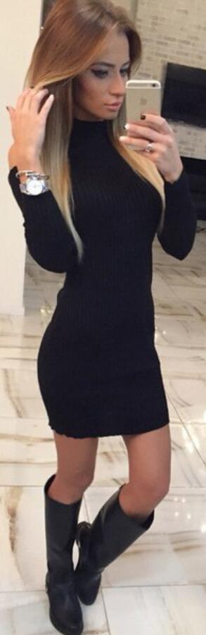 High Neck Long Sleeve Stretchy Ribbed-Knit Bodycon Short Dress