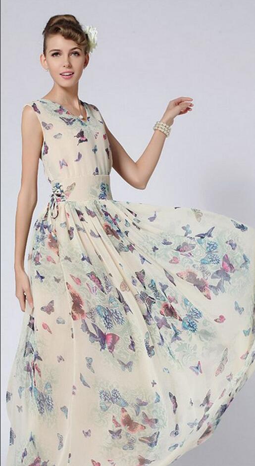 Butterfly Floral Print Sleeveless Long Chiffon Dress