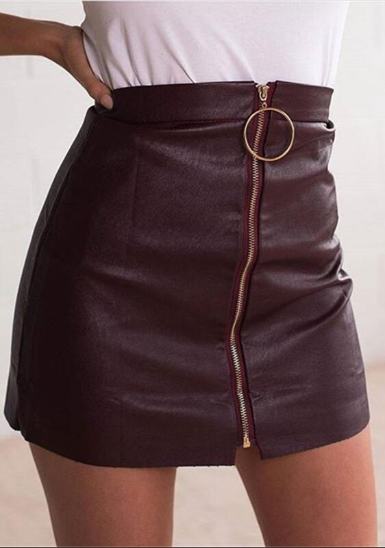 Black Faux Leather Mini Pencil Skirt Featuring Front Zipper And Ring Detail