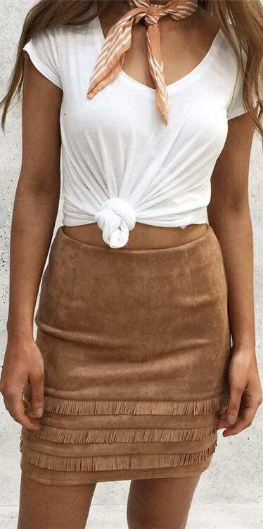 Suede Tassel Patchwork Slim Bodycon Short Skirt-sold Out