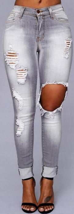 Fashion Low Waist Fading Rips Long Slim Jeans on Luulla