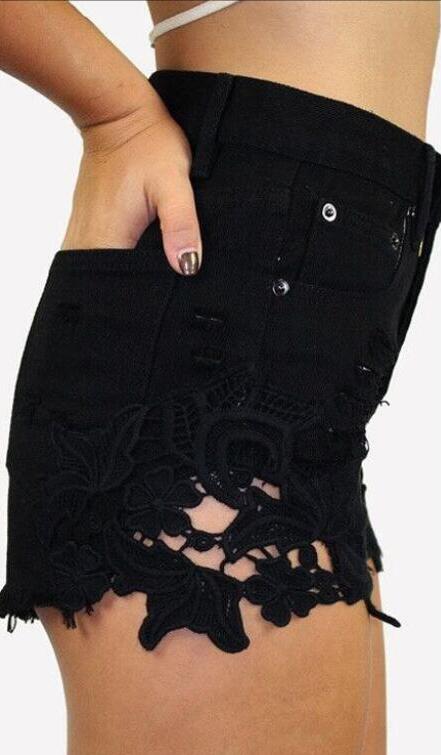 Black Lace Patchwork High Waist Slim Women's Shorts