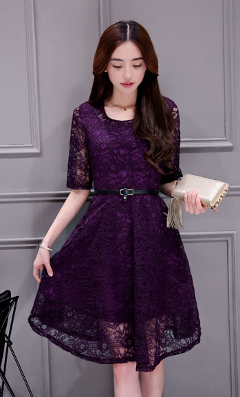 Scoop Short Sleeves Solid Lace Plus Size Short Dress