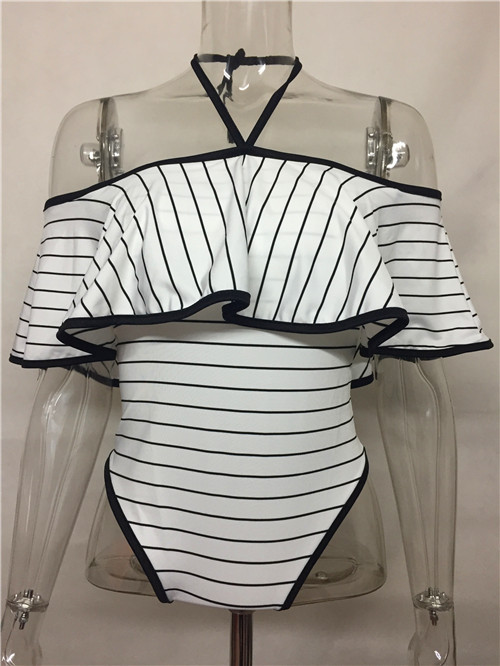 Classic Black And White Stripes A Word Shoulder One Pieces Swimwear