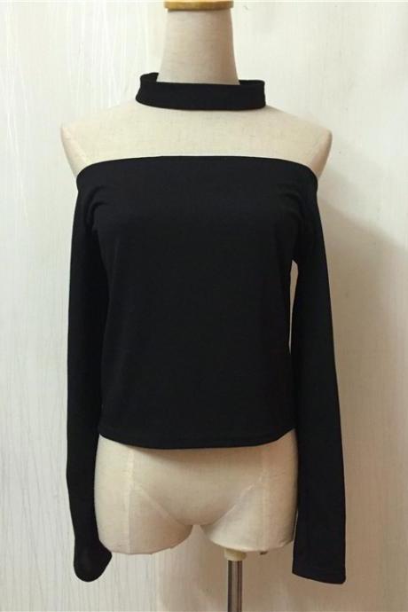 Off-The-Shoulder Long Sleeves Crop Top Featuring Attached Choker 
