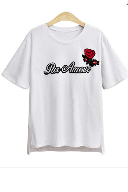Rose Embroidered And ‘par Amour’ Graphic Tee Featuring Crew Neck
