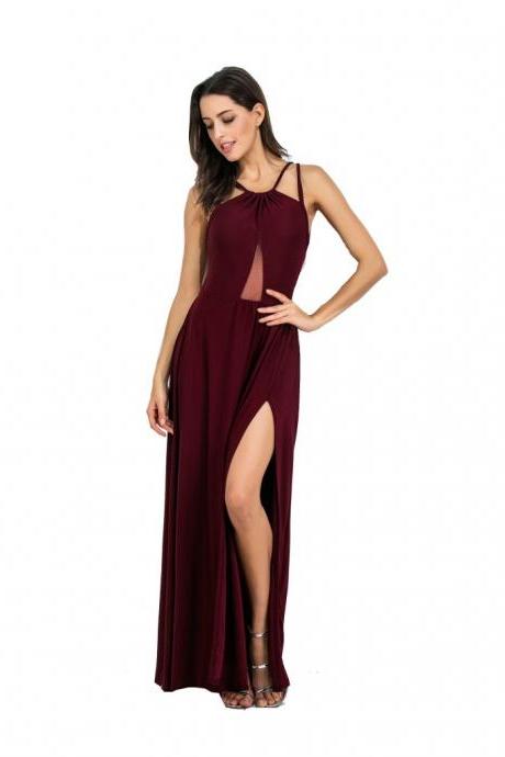 Sexy Backless Net Yarn Pure Color Spliced Open Fork Long Party Dress