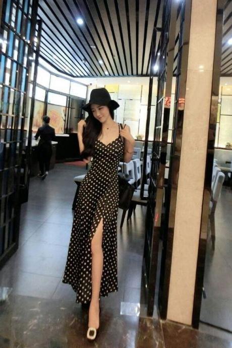 Black With White Polka Dot Strappy Plunge V Chiffon Maxi Dress Featuring Crisscross Back And High Slit
