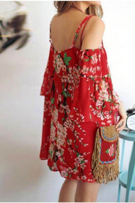 Red Floral Print Chiffon Cold Shoulder Flare-Sleeved Short Dress