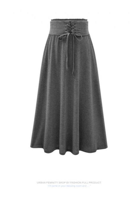 Women's Long Midi Skirt with Elastic Waist Band and Cinched Belt