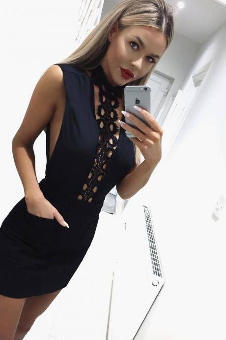 Pure Color Stitching Embroidery Hollow Out Sexy Bodycon Dress