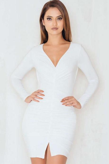 V-neck Long Sleeve Pleated Sexy Open Fork Dress