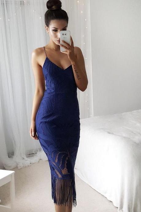 Sexy Pure Color Lace Stitching Behind Bind Belt Tassel Dress
