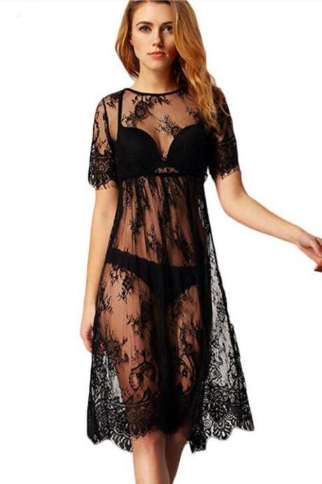 Hot Style Round Collar Perspective Lace Dress