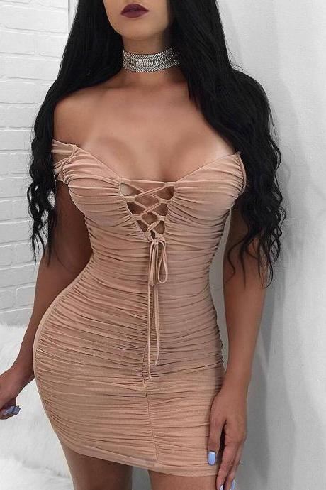 Sexy Pure Color V-Neck Lace-up Bodycon Dress
