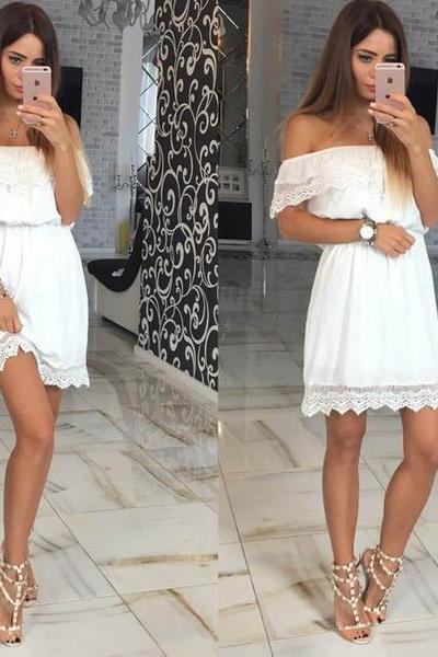 White Off Shoulder Short Dress with Lace Hem