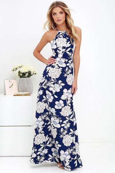 Blue Halter Neckline Chiffon Flower Print Long Dress
