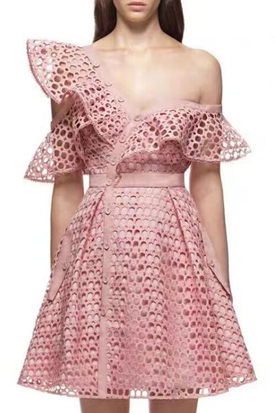 Pure Color One Shoulder High Waist Short Lace Dress