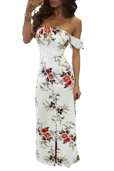 Off Shoulder Backless Flower Print Split Long Dress