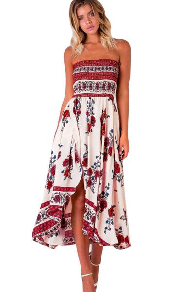 Off Shoulder Flower Print Irregular Tee-length Beach Dress