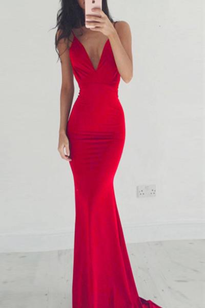Pure Color Spaghetti Straps Long Backless Party Dress