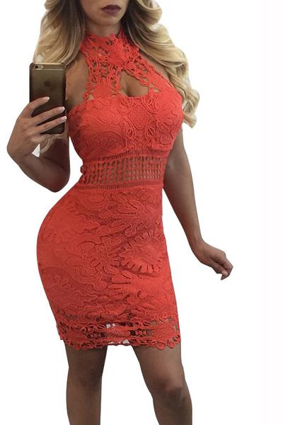 Pure Color High Neck Lace Sleeveless Strapless Short Dress