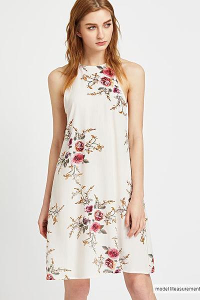 Bear Shoulder Scoop Floral Print Loose Short Dress