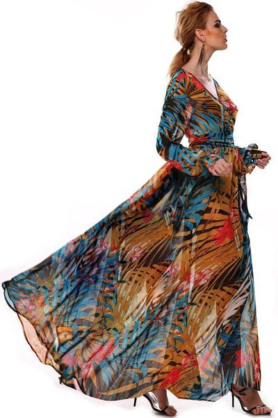 Graceful Long Sleeves V-neck Colorful Print Chiffon Long Dress