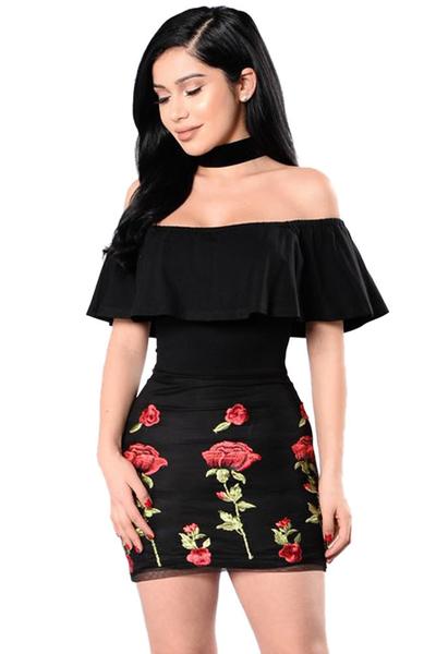 Off Shoulder Embroidery Ruffles Short Bodycon Dress