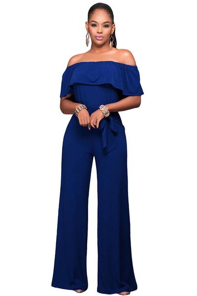Ruffled Off-The-Shoulder Jumpsuit Featuring Bow Accent Waist 
