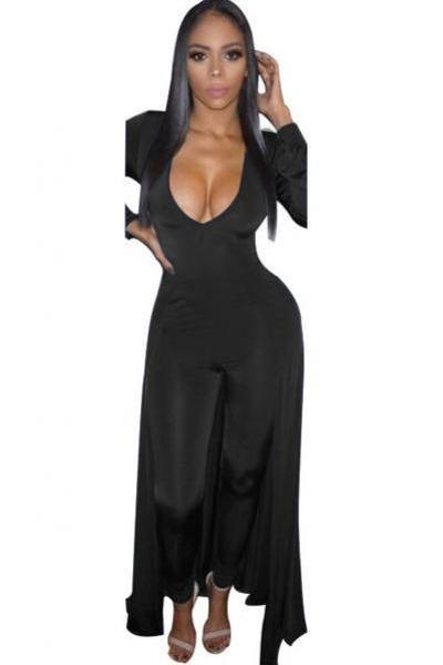 Sexy Deep V-neck Long Sleeves Long Wide-legs Jumpsuit