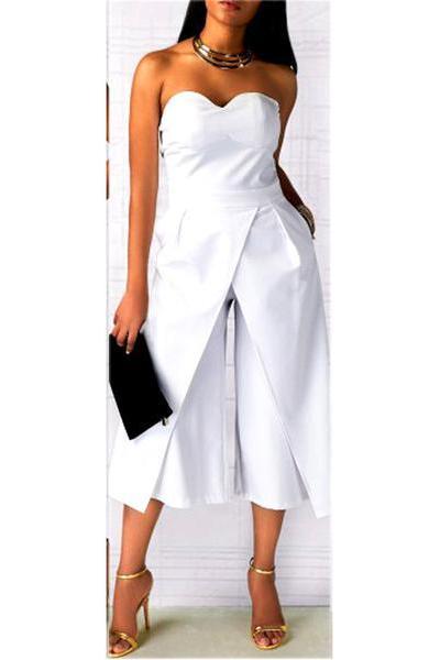 Pure Color Strapless Sleeveless Tee Length Jumpsuit