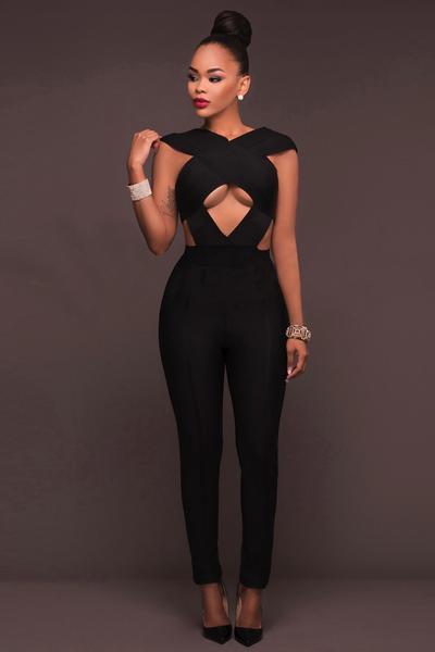 Pure Color Cut Out Sexy Long Skinny Jumpsuit