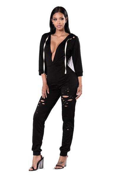 Deep V-neck Cut Out Hole Long Hooded Rope Jumpsuit