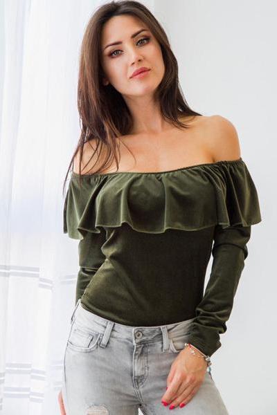 Off Shoulder Ruffles Pure Color Long Sleeves Blouse