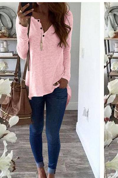 V-neck Buttons Pure Color Long Sleeves Irregular Blouse