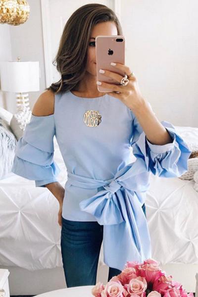 Light Blue Cold Shoulder Ruffled Sleeved Bow Accent Top 