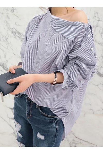 One Shoulder Striped Long Bat-wing Sleeves Blouse