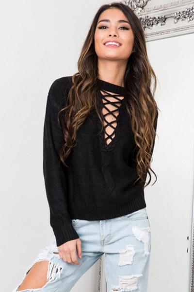 Knitted Mock Neck Sweater Featuring Lace-up Cutout Front