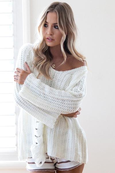 Pure Color V-neck Long Sleeves Cut Out Sweater