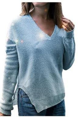 V-neck Pure Color Split Loose Long Sleeves Pullover Sweater