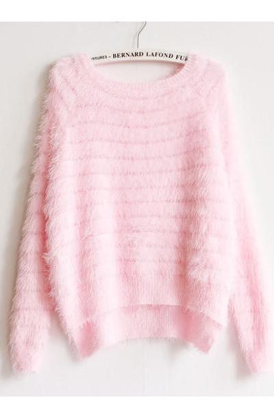 Long Sleeves Pure Color Irregular Scoop Mohair Sweater