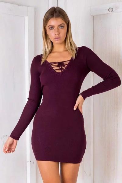 Lace-Up Plunge V Long Sleeved Short Bodycon Dress 