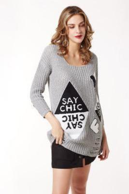 Long Sleeves Print Big Scoop Long Sweater