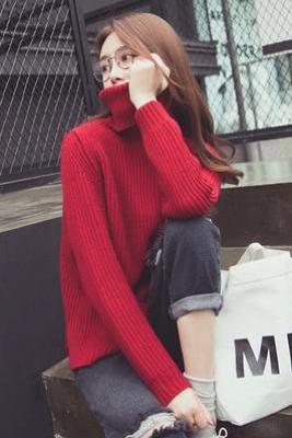 Long Sleeves High Neck Pure Color Regular Sweater