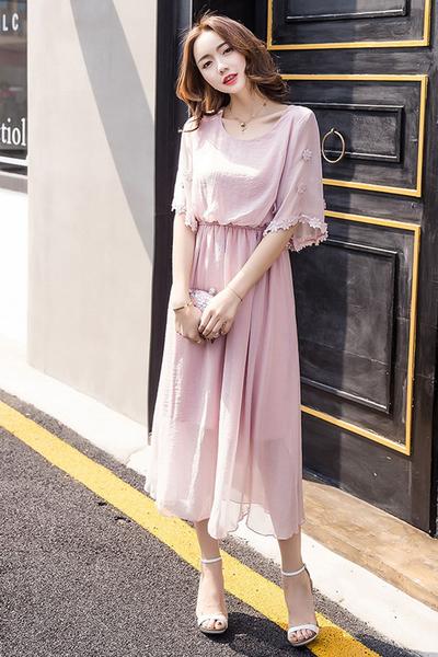 Pure Color Plus Size Chiffon Tee-length Dress