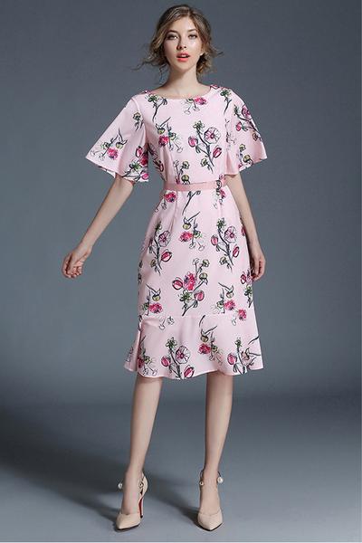 Floral Print Half Sleeves Chiffon Trumpet Sleeves Knee-length Dress