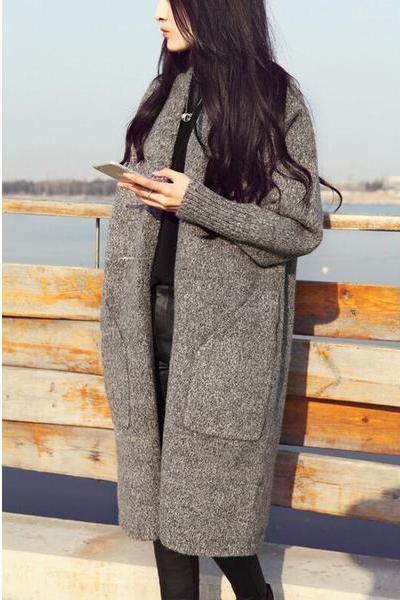 Pure Color Long Sleeves Two Pockets Long Cardigan